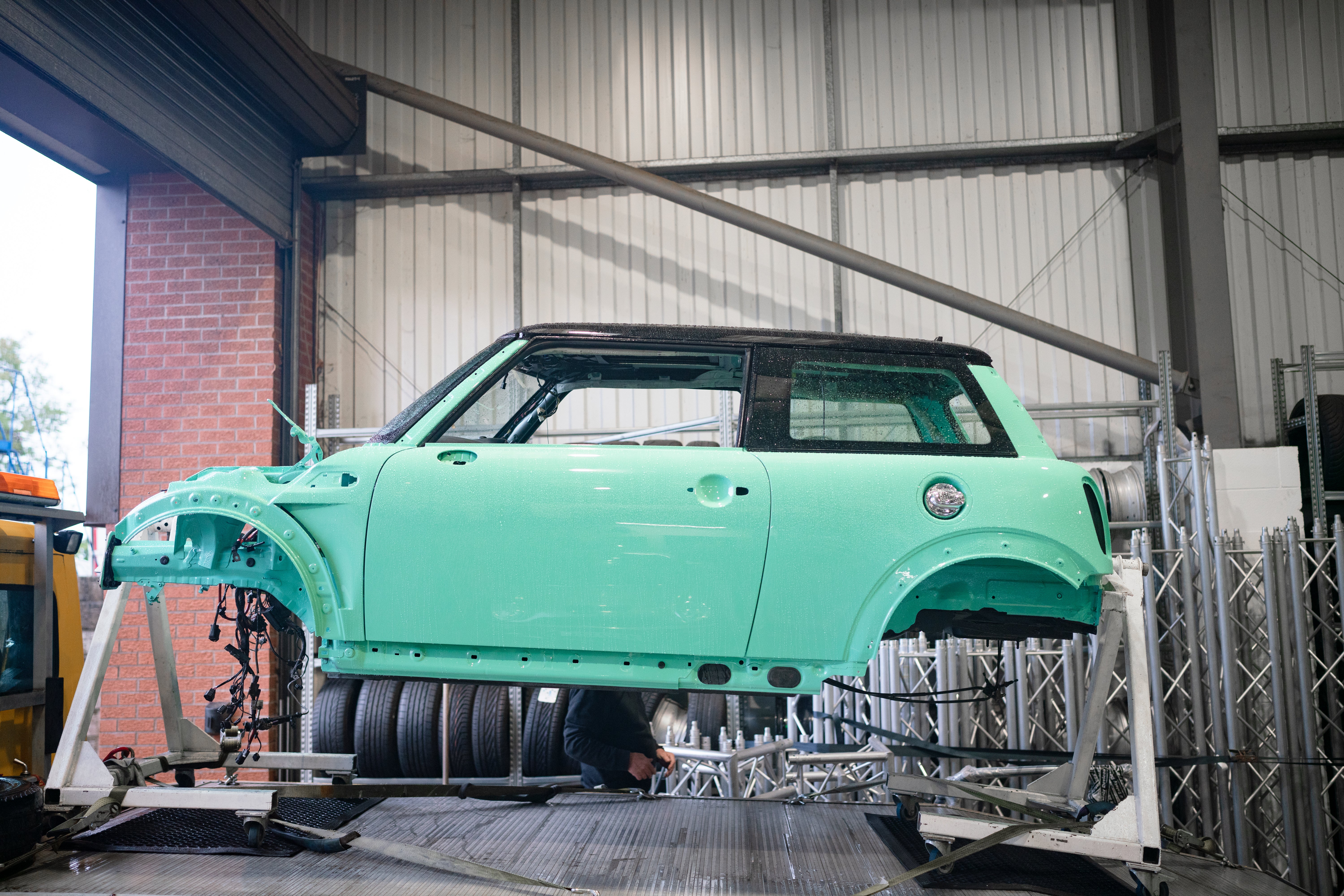 Mint Green R56 MINI shell being returned to Lohen MINI having been repainted a custom colour.