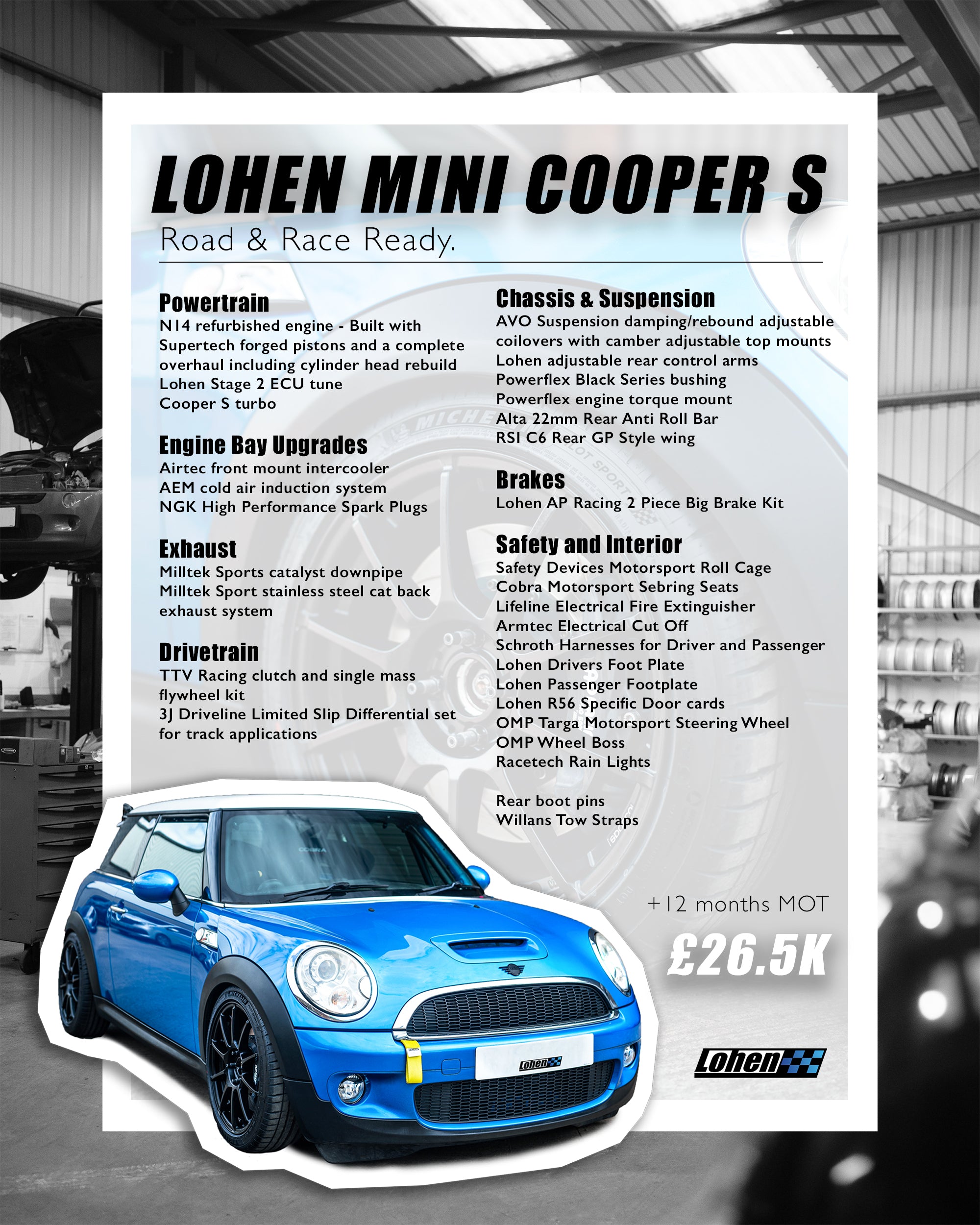 Custom Lohen built MINI R56 John Cooper Works Specifications Sheet.