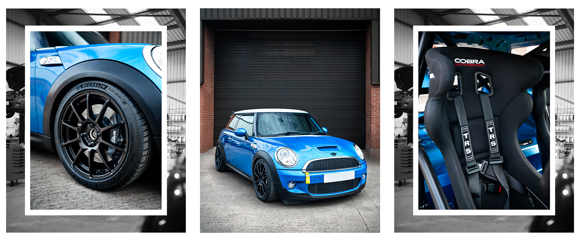 Blue R56 MINI Hatch John Cooper Works with Oz wheels and Brembo brakes parked for a photo shoot
